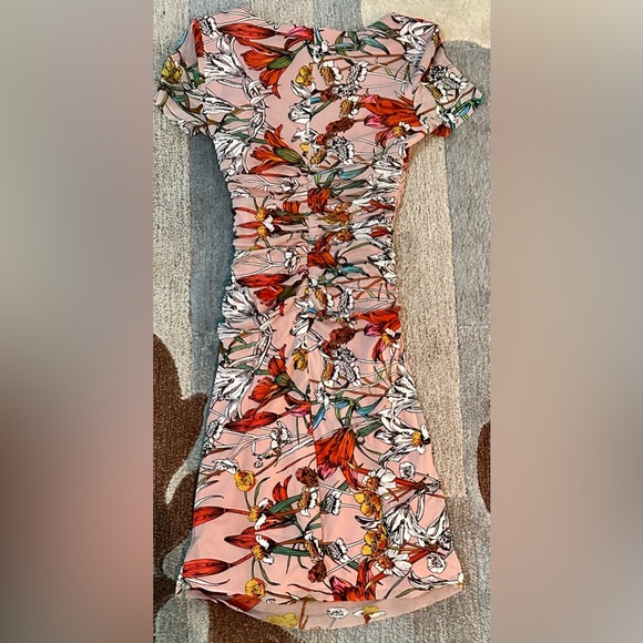 Kay Unger Short Sleeve Floral Mesh Ruched Bodycon Dress in Dusty Pink - Picture 3 of 7